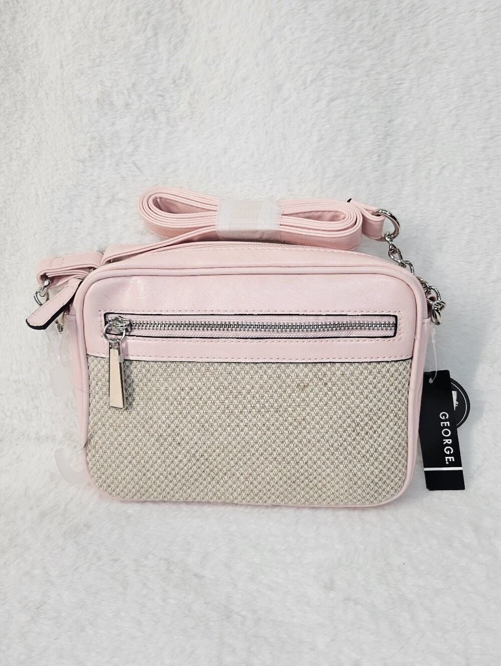 George Light Pink Crossbody Bag with Cream Woven Panel